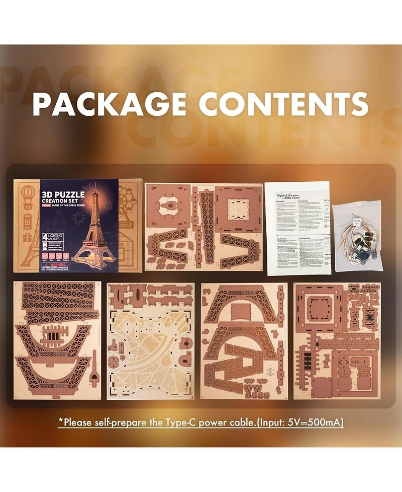 Robotime 3D Puzzle for Adults Diy Model Building Kit with Led Light Wooden Eiffel Tower Craft Kit Architecture Toy Set Brain Teaser Gifts for Friend