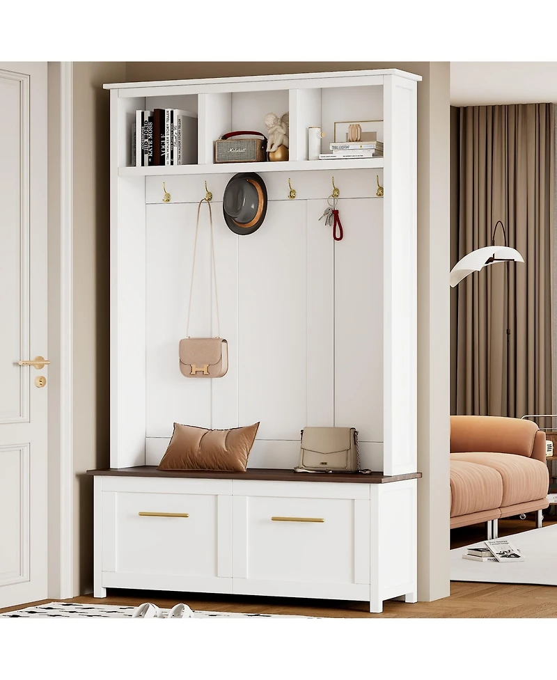 Clihome 4-in-1 Hall Tree Coat Rack with 6 Golden Hooks for Entryway