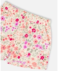 Deux par Deux Big Girls Tank Top with Smocking and Shorts Set in Muslin Off White Printed Flowers
