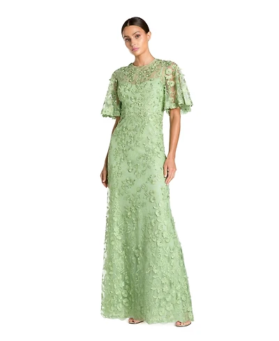Mac Duggal Women's Flutter Sleeve Floral Emboridered Net Gown
