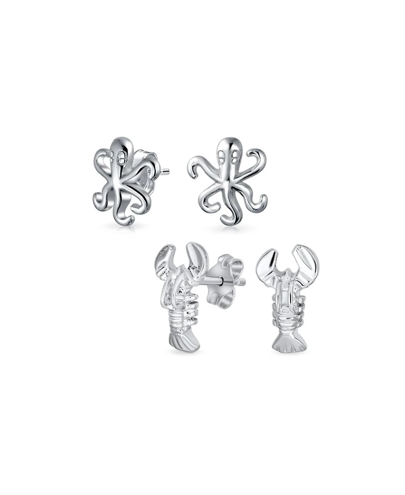 Bling Jewelry Set of 2 Nautical Ocean Marine Life Lobster and Octopus Stud Earrings Silver