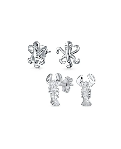 Bling Jewelry Set of 2 Nautical Ocean Marine Life Lobster and Octopus Stud Earrings Silver