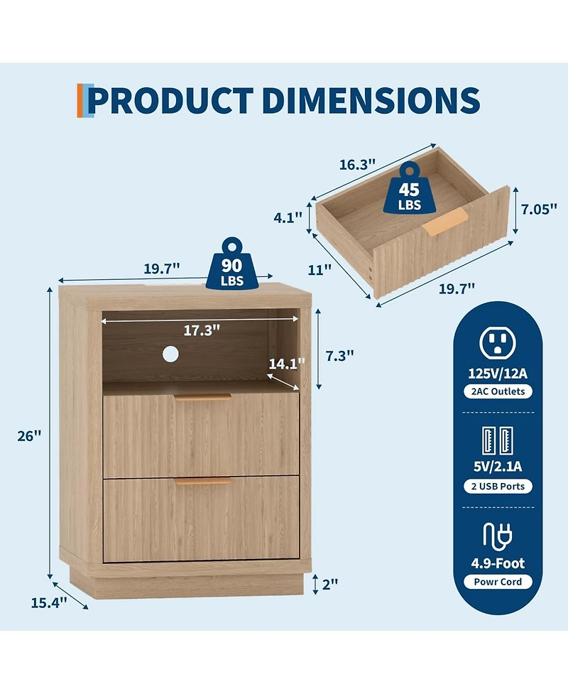 gaomon Fluted Nightstand with Charging Station, Mid Century Modern Fluted Nightstand