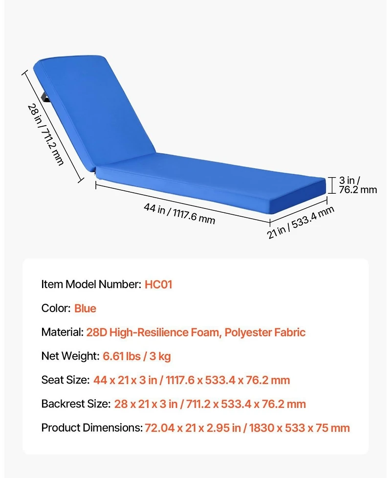 Mecale Chaise Lounge Cushion, Waterproof Fade-Resistant Outdoor Replacement Sun Lounger Cushion with Ties