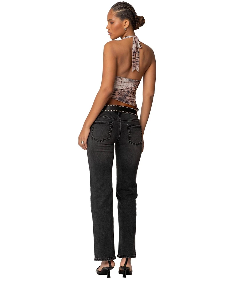 Edikted Women's Leopard Mesh Asymmetric Halter Top