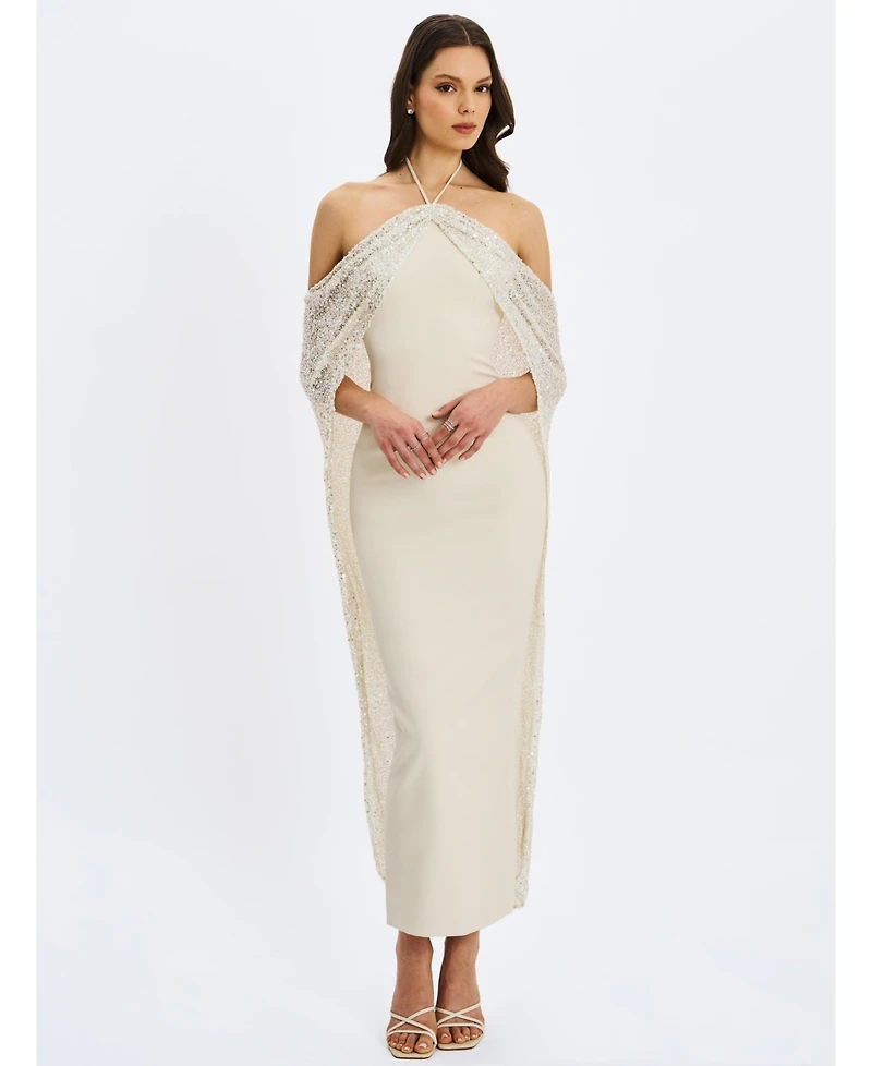 Miss Circle Women's Quimera Almond Beaded Cape Halter Off-Shoulder Maxi Gown