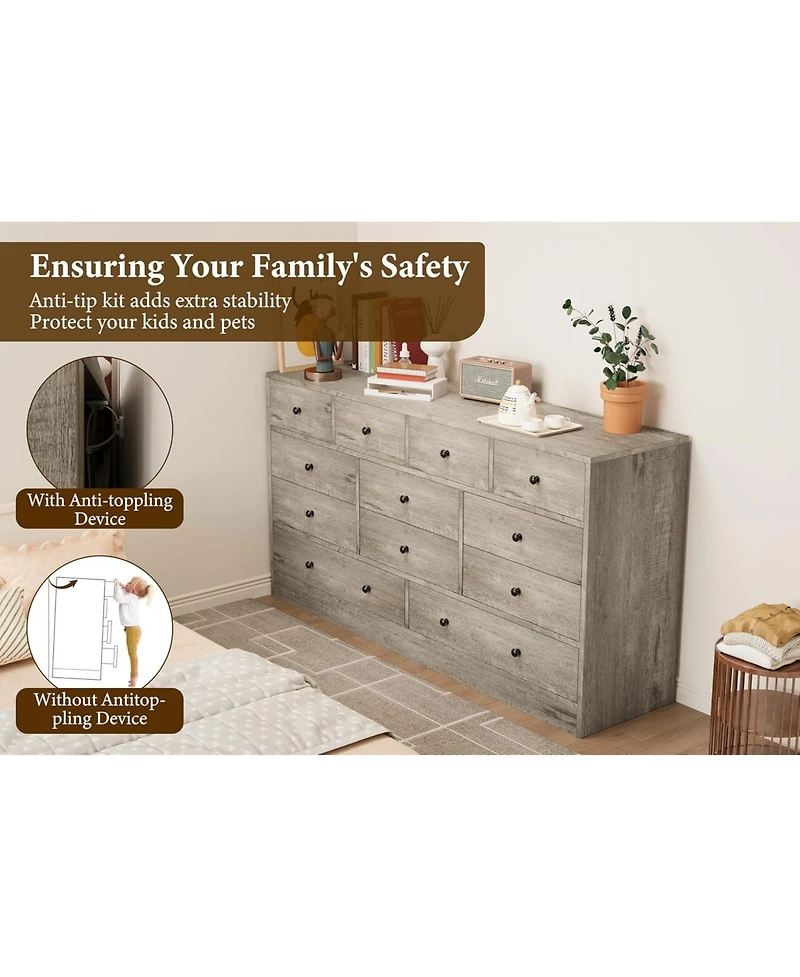 gaomon 12 Drawer Wooden Dresser for Bedroom, Wide Chest of Drawers with Charging Station, Tv Stand for 65 Inch Tv, Living Room or Hallway