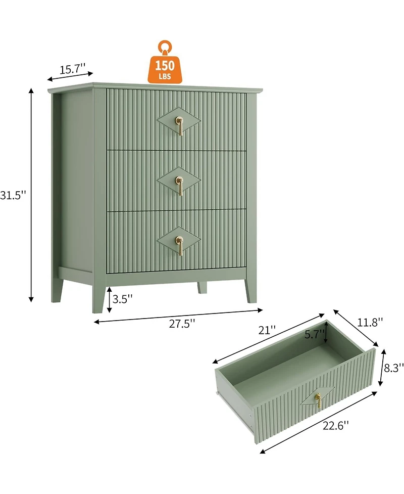 gaomon 2 Piece Fluted Nightstand Set, 27.5" Wide Bedside Tables with 3 Storage Drawers & Metal Handles for Bedroom