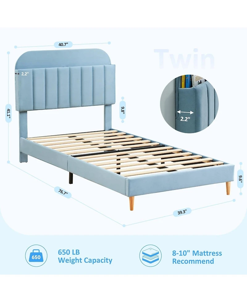 gaomon 2PCS Twin Bed Frames, Upholstered Platform with Bookcase Headboard, Velvet Platform Bed Mattress Foundation, Heavy Duty Steel Support Legs