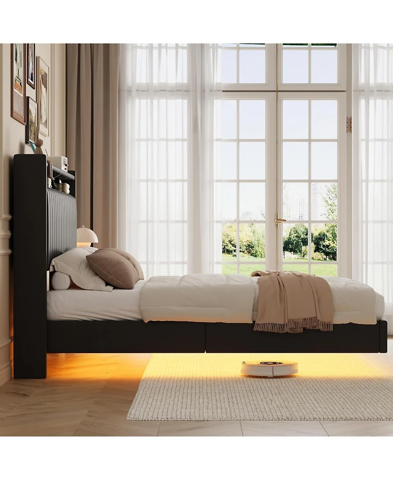 gaomon Upholstered Leather Led Light Charging Station Floating Bed Frame