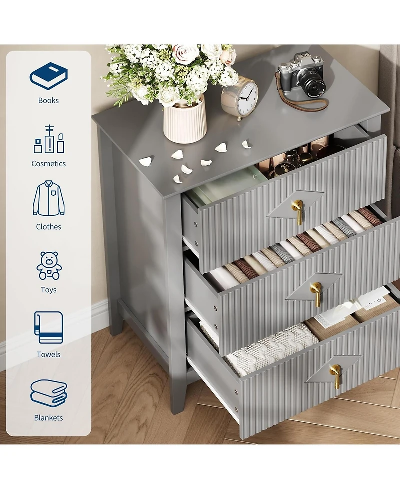 gaomon Fluted Dresser for Bedroom 27.6" Wide, 3-Drawer Wood Dresser Nightstand for Bedroom, Modern Chest of Drawers, Storage Organizer Cabinet