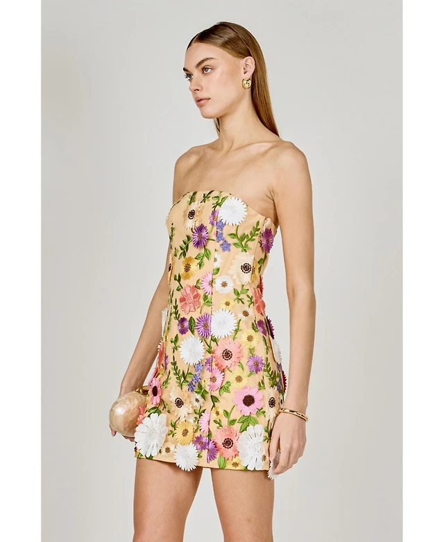 green emerald velvet dress Floral Embroidered Strapless Top