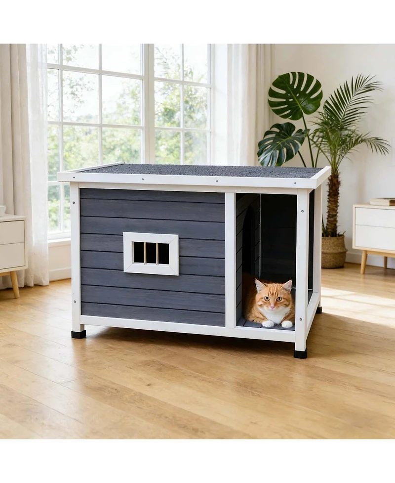 Aostirmotor Weatherproof Outdoor Cat House in Gray: Waterproof Roof & Ventilated Design with Metal Frame, Spacious Shelter