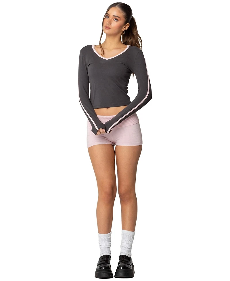 Edikted Women's Contrast V Neck Long Sleeve T Shirt