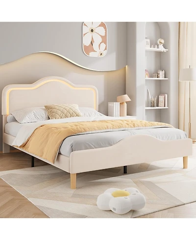 gaomon Full Velvet Bed Frame with Led Headboard & Footboard, Princess Platform, Slats