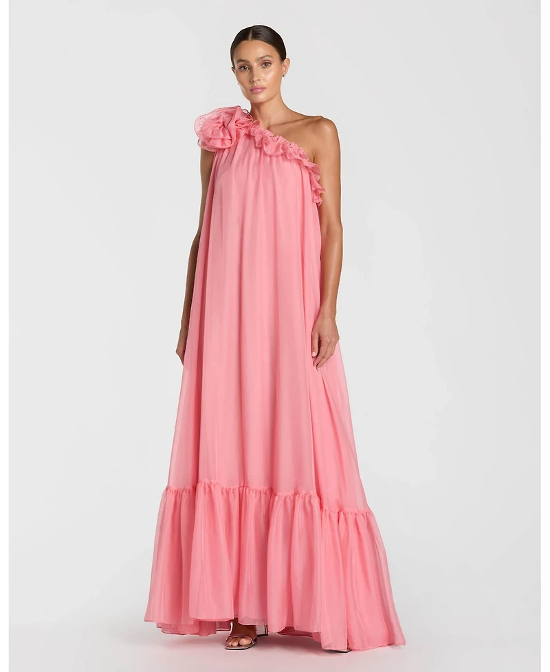 Mac Duggal Women's One Shoulder Chiffon Maxi Gown with 3D Rosette