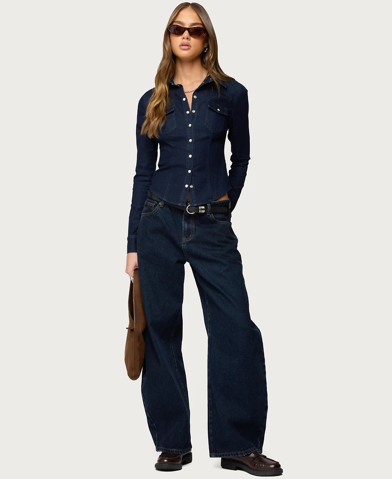 Edikted Women's Shylo Stretchy Denim Button Up Shirt