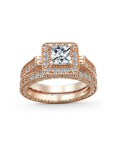 Bling Jewelry Art Deco Style Cubic Zirconia Halo Cz Square Princess Cut Solitaire Ring Set with Band Sterling Silver