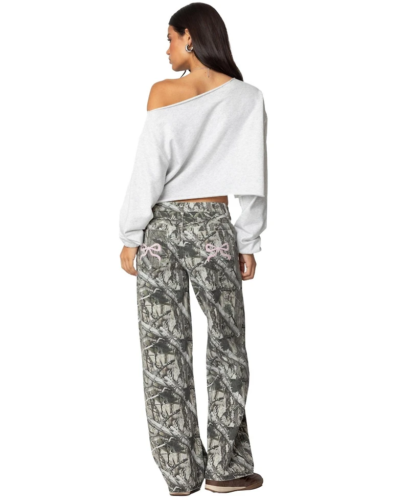 Edikted Women's Camo & Bow Low Rise Baggy Jeans