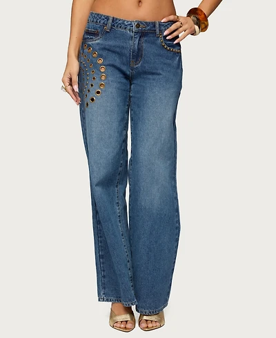 Edikted Women's Monika Stud & Grommet Low Rise Baggy Jeans