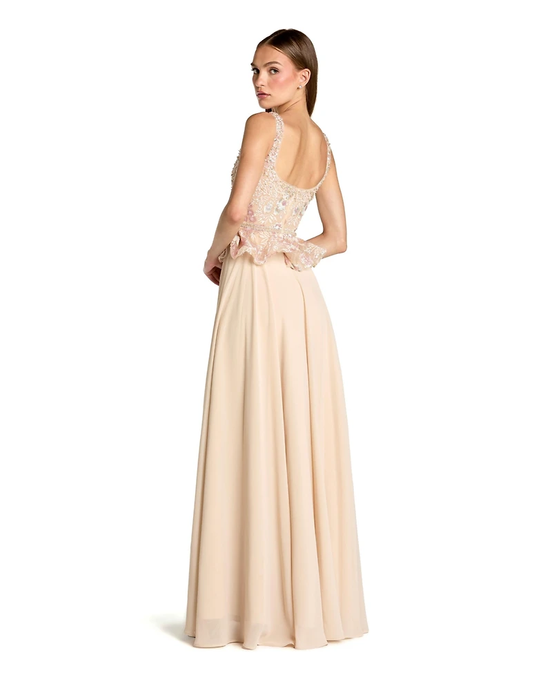 Mac Duggal Petite Embroidered Peplum Top With Chiffon Skirt Gown