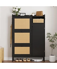 gaomon Shoe Cabinet Rattan with 3 Flip Drawers and 4-Tier Shoe Storage Cabinet, Freestanding Shoe Organizer with Adjustable Shelves for Entryway