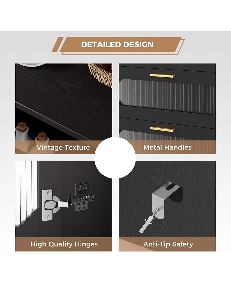 gaomon Modern Sideboard Cabinet with 3 Spacious Drawers & Fluted Glass Doors for Dining Room, Kitchen, or Living Room Storage