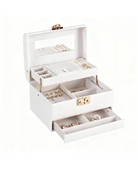 Yigii Leather Jewelry Organizer with 3 Drawers, Mirror, and Lock