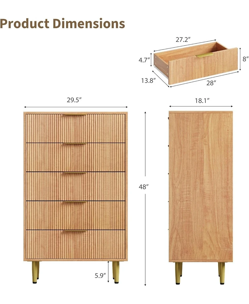 gaomon 5 Drawer Dresser for Bedroom, 29.5" Wood Chest of Drawers, Fluted Dresser with Metal Handle, Large Capacity Organizer for Hallway