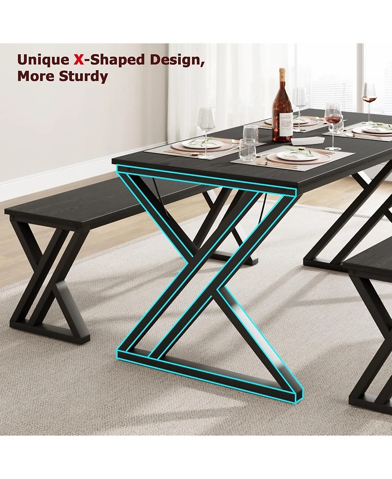 gaomon Kitchen Room Dining Table Set with Benches for 4, Sturdy Metal X Frame Space Saving