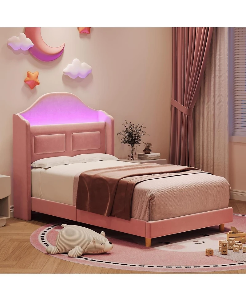 gaomon Upholstered Velvet Princess Twin Bed Frame with Wingback, Bookcase Headboard & Led Lights for Kids Boys Girls, Noise-Free, No Box Spring Needed