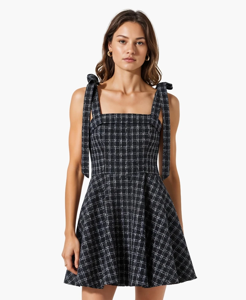Modenaire Women's Tweed Plaid Tie-Strap Square Neck Mini Dress