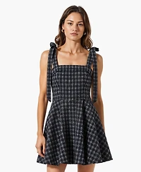 Modenaire Women's Tweed Plaid Tie-Strap Square Neck Mini Dress