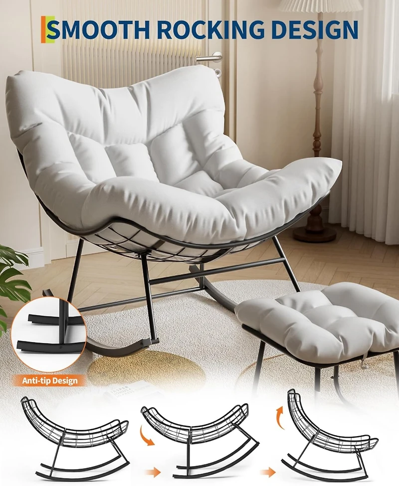 gaomon Oversized Outdoor Papasan Rocking Chair with Ottoman, Weather-Resistant Rattan Egg Rocker Metal Frame