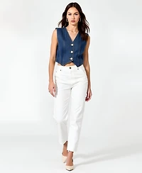 Modenaire Women's V-Neck Button-Front Angled Hem Denim Vest