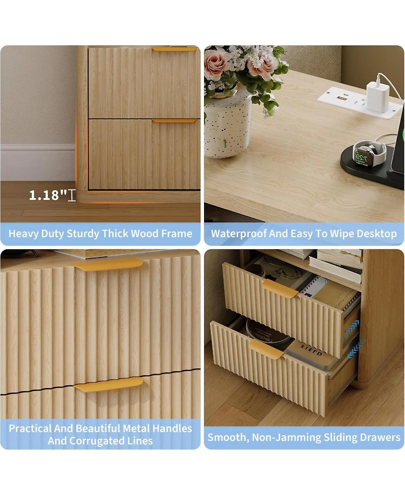 gaomon Fluted Nightstand with Charging Station
