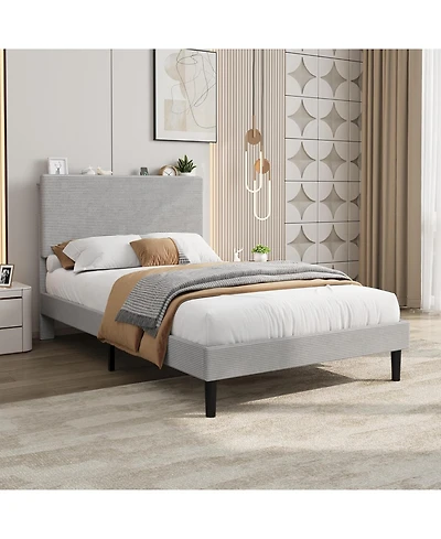 gaomon Twin Bed Frame with Charging Station, Corduroy Upholstered Platform Bed with Headboard Shelf, Wooden Slats, Noise Free, Easy Assembly