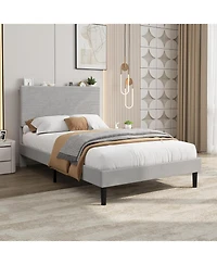 gaomon Twin Bed Frame with Charging Station, Corduroy Upholstered Platform Bed with Headboard Shelf, Wooden Slats, Noise Free, Easy Assembly