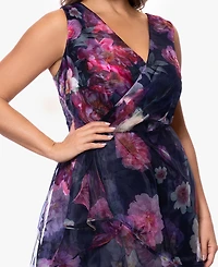 Betsy & Adam Plus V-Neck Printed Ball Gown Dress