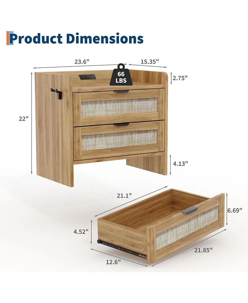 gaomon Rattan Bedside Table Nightstand, 2 Drawer, 1 Pcs Cabinet, Bedroom Organizer and Storage Cabinet