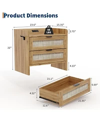 gaomon Rattan Bedside Table Nightstand, 2 Drawer, 1 Pcs Cabinet, Bedroom Organizer and Storage Cabinet