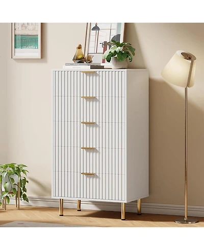 gaomon 5 Drawer Dresser for Bedroom, Fluted Tall Dresser with Large Drawers and Sturdy Gold Legs Support