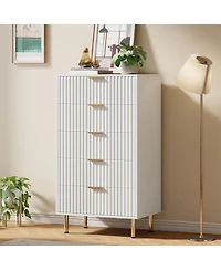 gaomon 5 Drawer Dresser for Bedroom, Fluted Tall Dresser with Large Drawers and Sturdy Gold Legs Support