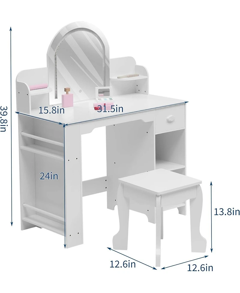 gaomon Kids Vanity with Lighted Mirror - 2 in 1 Little Girls Vanity Table and Stool - Kids Makeup with Bookshelf/Drawer and Open Shelves