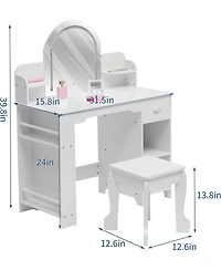 gaomon Kids Vanity with Lighted Mirror - 2 in 1 Little Girls Vanity Table and Stool - Kids Makeup with Bookshelf/Drawer and Open Shelves