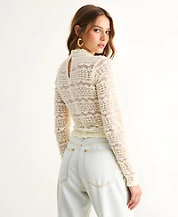 Modenaire Women's Sheer Lace Scalloped Mock Neck Long Sleeve Top