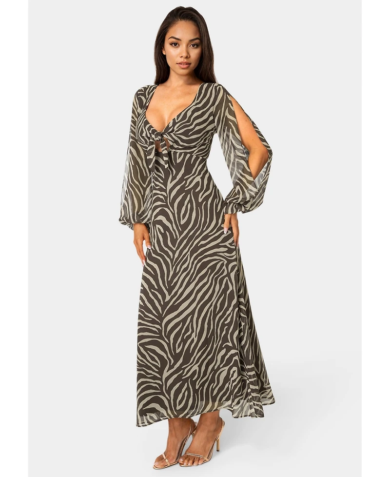 Bebe Women's Printed Chiffon Tie Front Maxi Dress