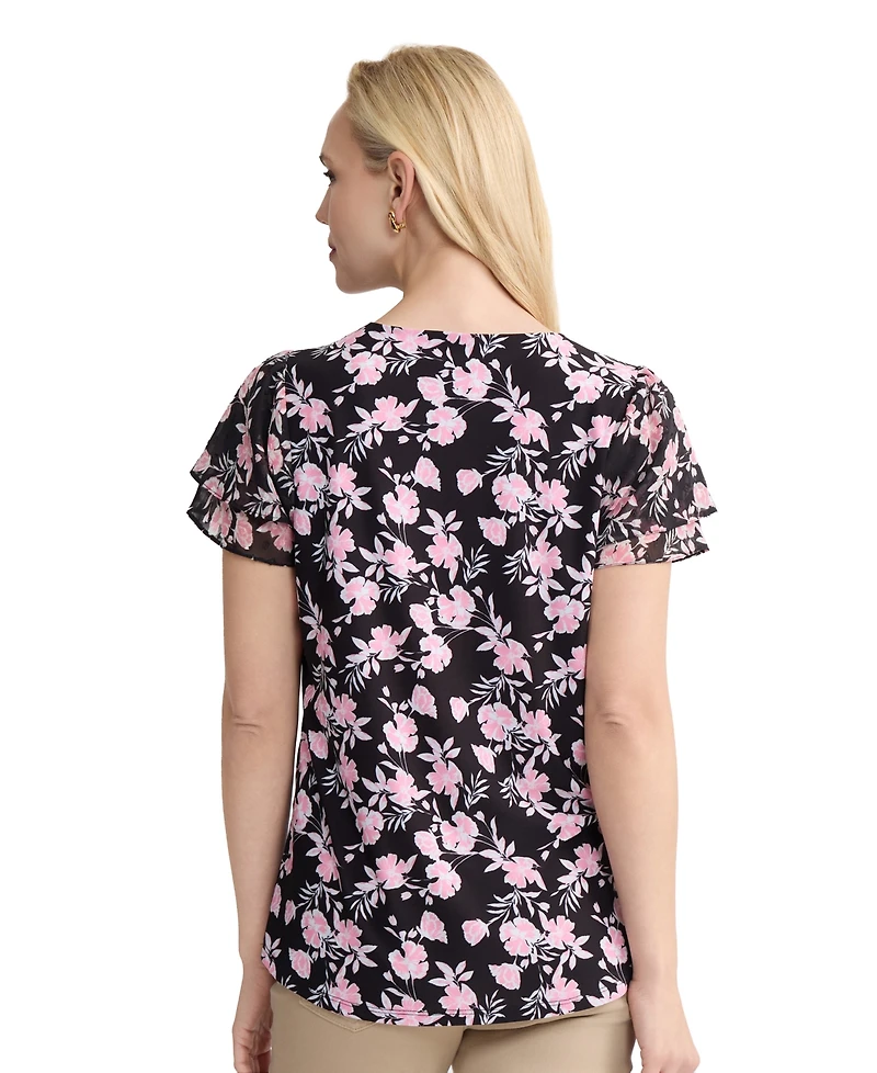 Jones New York Petite Double Flutter Short-Sleeve Top
