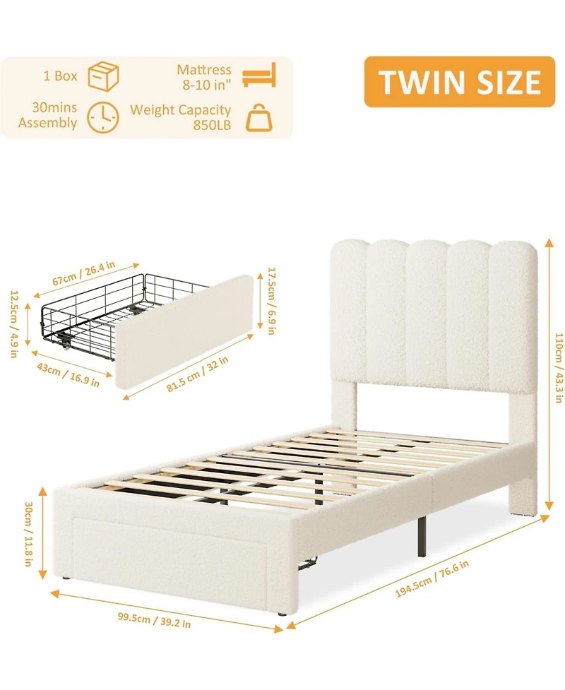 gaomon 2 Sets Twin Bed Frame with Under-Bed Drawer, Upholstered Platform Bed with Wave Headboard Wooden Slats