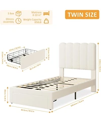 gaomon 2 Sets Twin Bed Frame with Under-Bed Drawer, Upholstered Platform Bed with Wave Headboard Wooden Slats